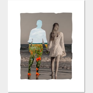 Cool couple silhouette on beach Posters and Art